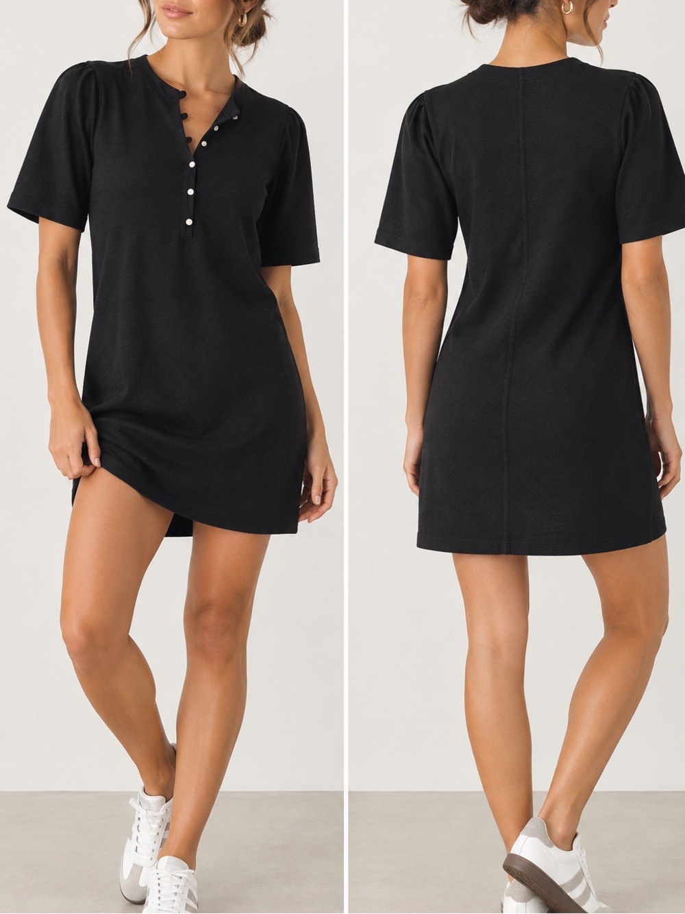 Nation LTD Sallie Black Cotton Popover Pleated Sleeve Mini Dress